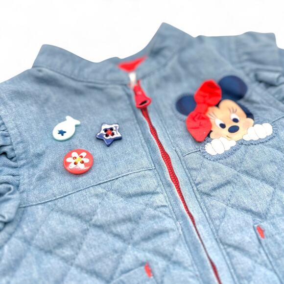 Disney Baby Quilted Denim Bomber Jacket Minnie Mouse Buttons 3D Blue Ruffle 3-6M - Picture 2 of 10